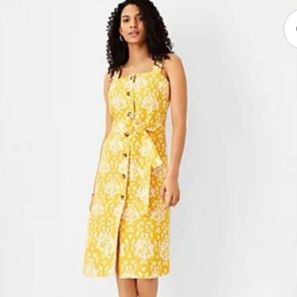 Ann Taylor Mustard Yellow Floral Button-Down Dress - 6